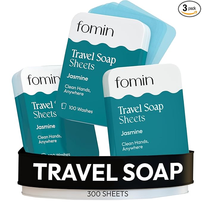 FOMIN - Antibacterial Paper Soap Sheets for Traveling - 300 Jasmine Portable Hand Soap Sheets for Travel in Tin - Dissolvable Mini Portable Travel Soap Sheet for Hand Washing, Camping and Hiking
