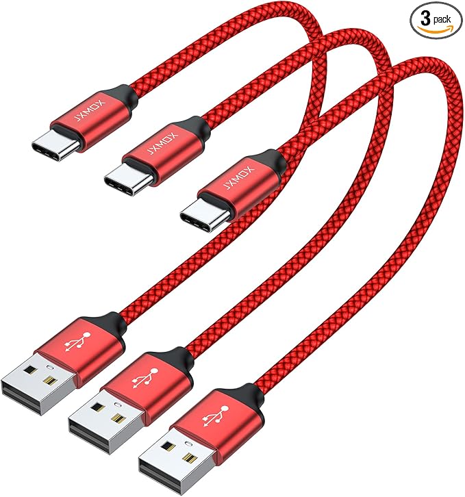 JXMOX Short USB C Cable (1ft 3-Pack), USB A to Type-C Charger Cord 3.1A Fast Charging Compatible with iPhone 15 16 Pro Max, Samsung Galaxy S22 S21 S20 S10 S9, Note 20 10, A80 A70 A50,Power Bank (Red)
