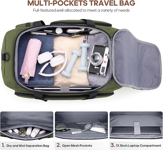 Gym Bag for Men and Women with Shoe & Laptop Compartment, 3-in-1 Sports Travel Duffel Bag Anti-Theft Weekender Carry-on Backpack for Airplane & Workout, Overnight Travel Bag, 35L, Green, Medium