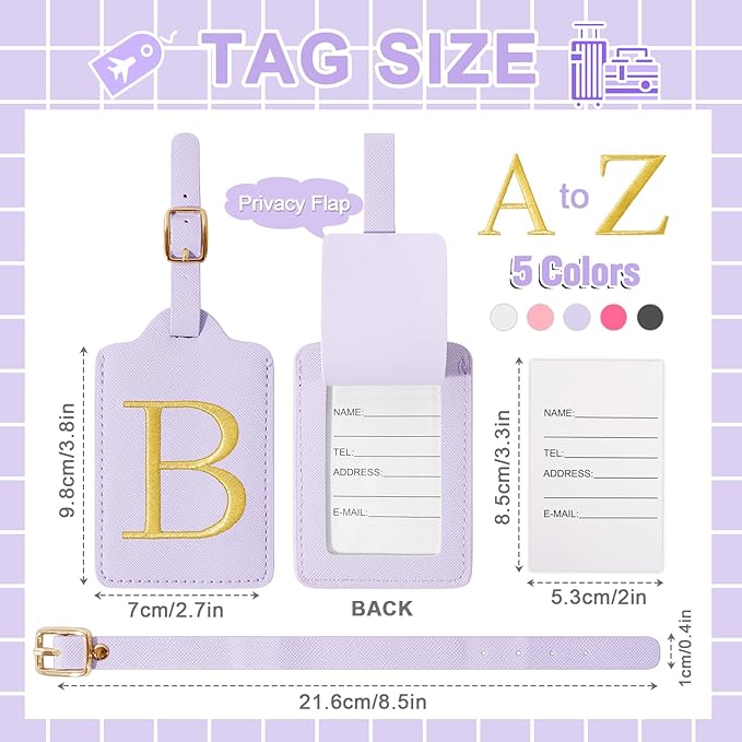 Personalized Initial Luggage Tags for Suitcase, Purple Leather Cute Luggage Tags with Privacy Cover Name Card, Embroidered Custom Monogrammed Luggage Tag Travel Backpack Tags Gifts for Women Kids(B)