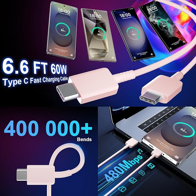 USB C Android Charger Fast Charging Cord, Super Fast Phone Chargers 6.6FT C to C Type Cable with 25W USBC Wall Block for Samsung Galaxy S26 S25 S24 Ultra Plus/S23/S22/S21/S20/Note 20/10, Pink