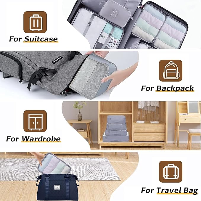 LANSKLBD 8 Set Packing Cubes for Suitcases Travel Luggage Packing Organizers,Travel Essentials Accessories Luggage Organizer with Shoe Bag Tioletry/Laundry Bag（Grey）