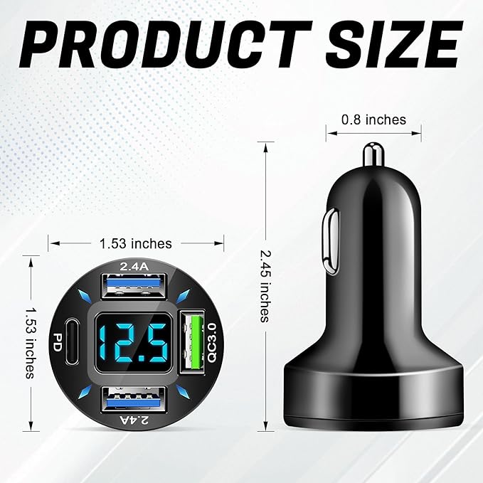 LivTee 4-Port Car Charger, 12-24V Cigarette Lighter Adapter with 3 USB & 1 USB-C Port, Supports QC/PD Fast Charging, Features Digital Display and LED Lights, Fits iPhone, Fits Samsung and More Phones