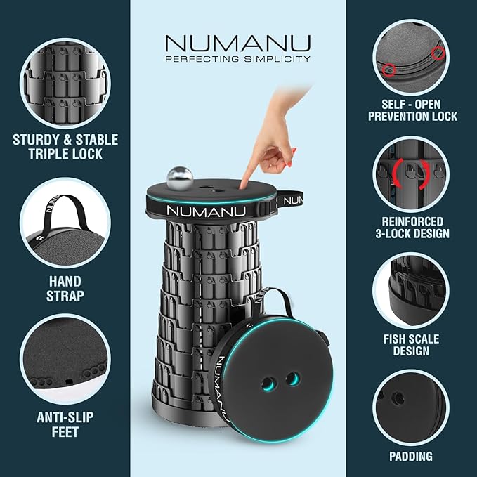 NUMANU 2PK 2026 Upgraded Padded Collapsible Stool, Max 620lb 18" Adjustable Portable Folding Stool for Adults, Retractable Foldable Telescopic Seat Camping Chair or Footrest