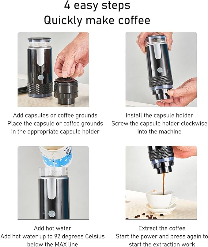 Portable Coffee Maker, Auto Mini Handheld Coffee Machine Cordless Type C Rechargeable with 1200mAh Battery for Travel Camping, Driving, Home and Office, Compatible for K Cup