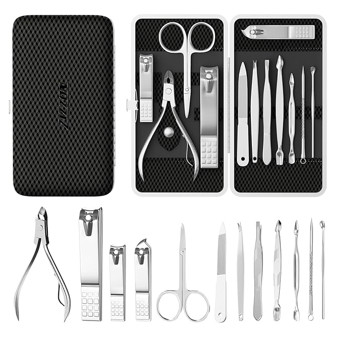 ZIZZON Manicure, Pedicure Kit, Nail Clippers Set of 12Pcs, Professional Grooming Kit, Nail Tools with Luxurious Travel Case Black