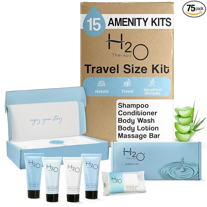 H2O Therapy Amenity Kit | Hotel Bulk Toiletries | 0.85 oz Shampoo, Conditioner, Lotion, Body Wash, Body Bar Soap for Guest Hospitality Vacation Rentals | 15 Sets/Case