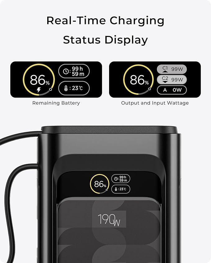 2026 FIFA Licensed 190W 20000mAh Power Bank for Laptop Portable Charger,3-Port USB-C Fast Charging Battery Pack with Built-in Retractable Cables for MacBook,Cell Phones,iPhone,Android,Samsung,Black