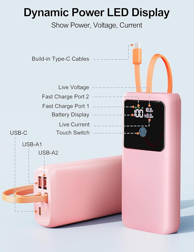 Laptop Power Bank, 24000mAh 65W Fast Charging Portable Charger with Built-in Cable, USB C Battery Pack with LED Display, Travel Essential External Battery Bank for Macbook/Notebook/Tablet/Phone Pink