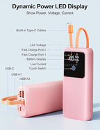 Laptop Power Bank, 24000mAh 65W Fast Charging Portable Charger with Built-in Cable, USB C Battery Pack with LED Display, Travel Essential External Battery Bank for Macbook/Notebook/Tablet/Phone Pink