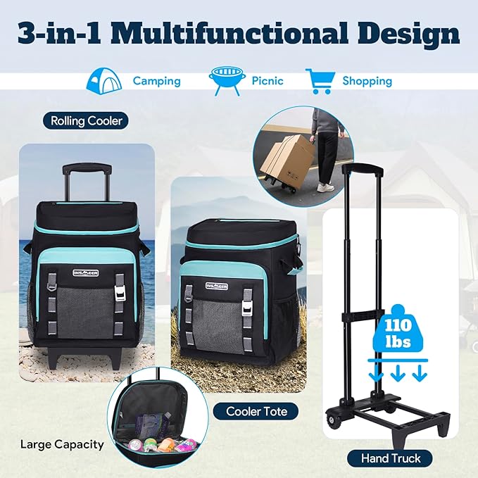 INSMEER Cooler with Wheels and Handle, 80 Cans/50L Rolling Cooler, Portable Soft Sided Cooler with Wheel, 2-in-1 Collapsible Trolley Cart, Large Coolerbag for Grocery Shopping