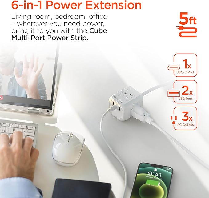 HyperGear Surge Protector Multi Plug 6-in-1 Wall Extension Cord - Multiple Wall Plug Extension Outlet Splitter, Multiplug Electric Power Extender, Electrical Multi-Outlets Power Socket