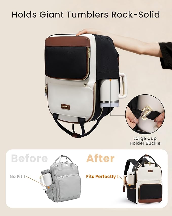 LOVEVOOK Laptop Backpack for Women with Giant Tumbler Holder Pocket, 18 inch Large Travel Work Backpack Purse for Teacher Nurse, Waterproof College Book Bag Cute Casual Daypack, Beige-Black-Brown