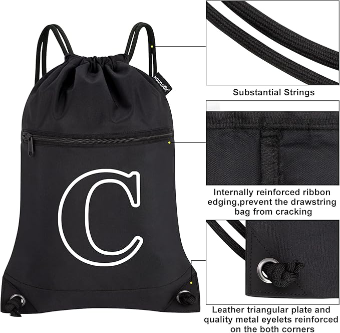 HOLYLUCK Drawstring Bags Initial Backpack Sackpack Cinch Bags for Sports, Gym, Travel, Beach(Black-C)