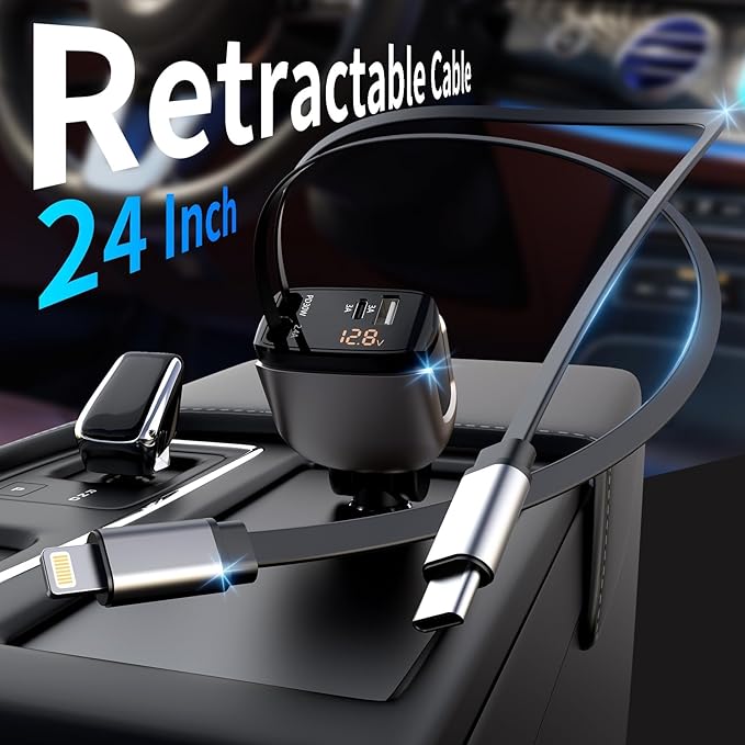 Retractable Car Charger 4 in 1, Fast Car Phone Charger with 2.6ft Cable, USB C and Lightning Car Chargers Adapter, Compatible with iPhone 16 15/15 Pro Max, Galaxy, Pixel, Travel Essentials