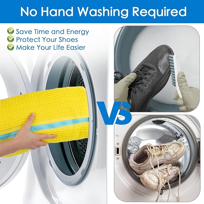 Shoe Washing Machine Bag, 2PC Reusable Laundry Shoe Bag for Washer and Dryer, Sneaker & Tennis shoe laundry bag, Ykk Zipper Multi-Functional Shoe Cleaning Bag (2PCS + 2PCS Yellow)