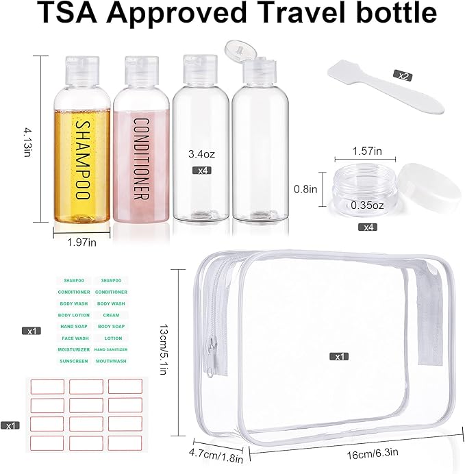 Travel Bottles for Toiletries 8 Pack 3.4oz 0.35oz TSA Approved Travel Size Containers Leak Proof Plastic Small Cream Jars Squeezable Empty Toiletry Bottles for Shampoo Conditioner(Clear)
