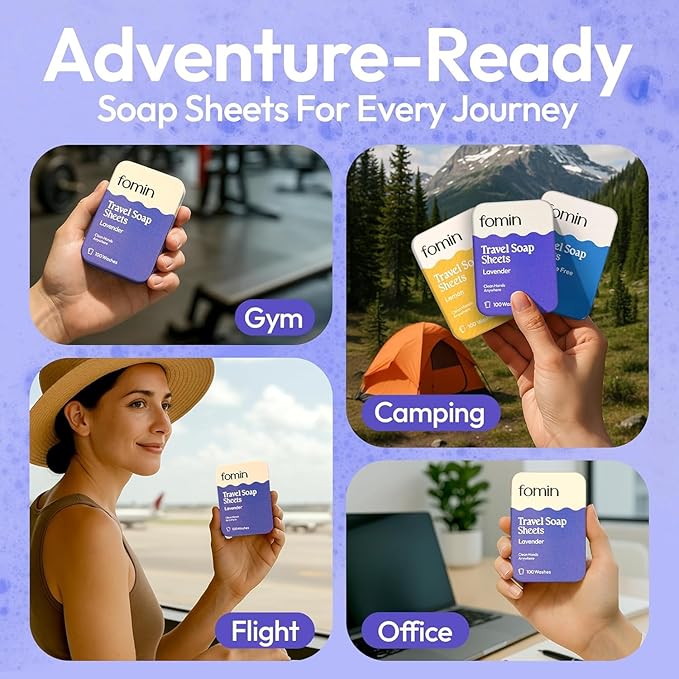 FOMIN - Antibacterial Paper Soap Sheets for Traveling - 300 Lavender Portable Hand Soap Sheets for Travel in Tin - Dissolvable Mini Portable Travel Soap Sheet for Hand Washing, Camping and Hiking