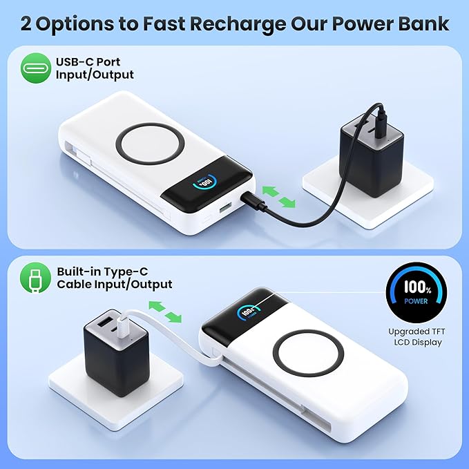 YHO Wireless Portable Charger 40800mAh for iPhone with Built-in Cables, 15W Wireless Charging USB C Power Bank,25W PD Fast Charging Travel Essential Battery Pack for iPhone 17/16/15,Android-White