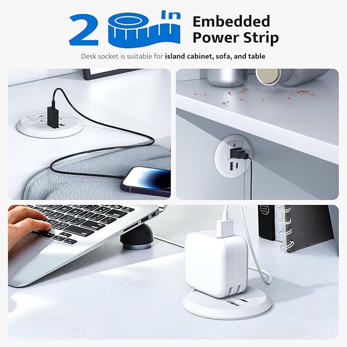 Recessed Power Grommet with 20W USB C Fast Charging, 2 inch Conference Recessed Outlet,Flush Mount for Desk,Office Tables,Furniture,6FT Cord, 45° Thin Flat Plug, White