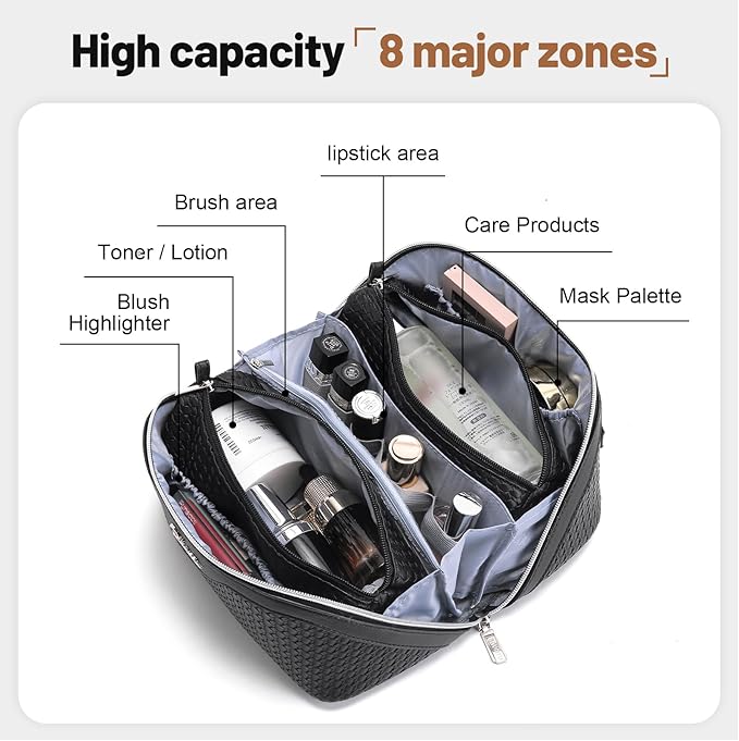 BOYATU Travel Makeup Bags for Women: Large Capacity Make up Bag with Wide Opening - 3 Pcs Set Waterproof Travel Toiletry Organizer for Full-Sized Bottles, Cosmetics & Brushes (Black-W)