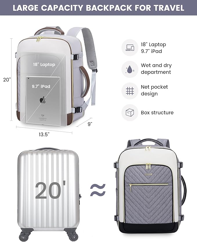 LOVEVOOK Large Travel Backpack for Women, 50L Carry on Backpack Airplane Approved, TSA Personal Item Travel Bag for Women fits 18" Laptop, Waterproof Carry on Bags for airplanes with 3 Packing Cubes