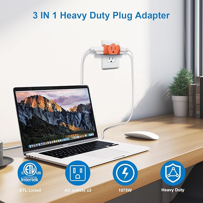 EXTRASTAR 3 Outlet Extender, Heavy Duty Grounded Wall Tab, T-Shaped Adapter Spaced, Electrical Multi-Outlet with 3 Prong, 3 Way Plug, ETL Listed Power Splitter for Home Office - Orange(4 Pack)