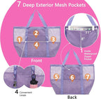 Fammart Mesh Beach Bag with Zipper, Large Beach Tote for Women, Toys Pool Swim Bag Travel Vacation Cruise Essentials