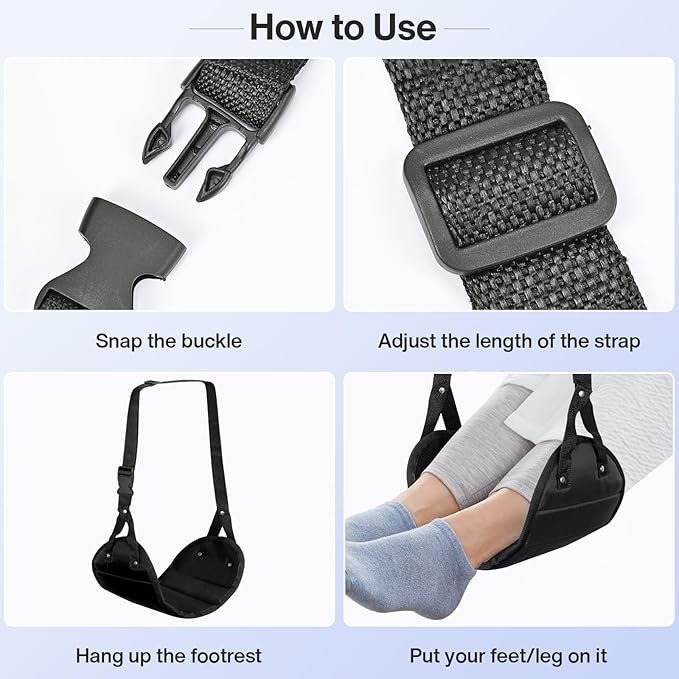 Airplane Travel Foot Hammock, Adjustable Footrest for Long Flight Trip, Travel Essentials to Relax Feet, Black