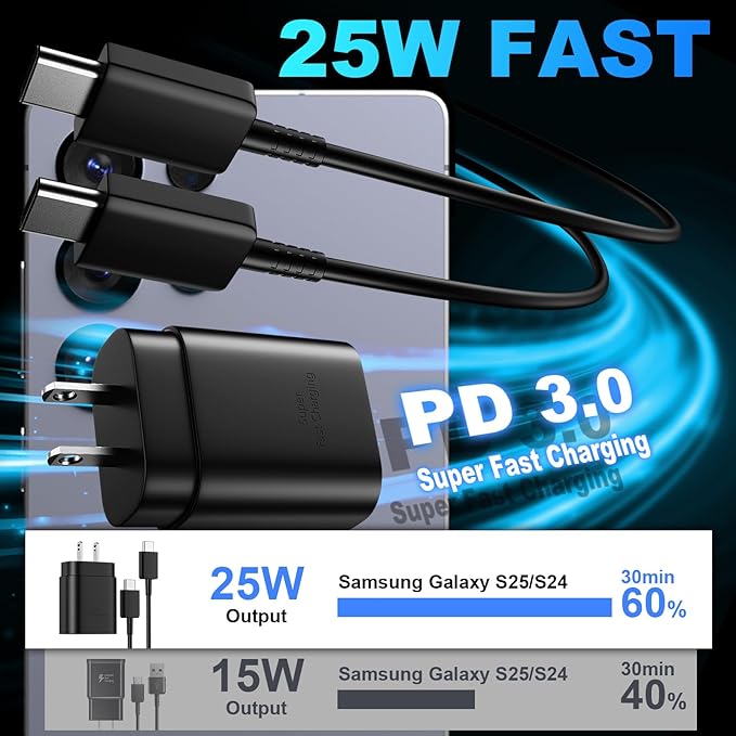 Type C Charger Fast Charging 10FT Cord 25W Samsung Super Fast Charger Android Phone Charger Block for Samsung Galaxy S26/S26+/S26 Ultra/S25/S25 Ultra/S25+/S24/S23/S22/S21/S20/Note 20/Note 10, Black