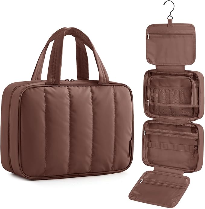BAGSMART Travel Toiletry Bag for women, Portable Hanging Hook Makeup Bag Organizer, Waterproof Makeup Cosmetic Bag, for Full-Size Accessories, Toiletries,Coffee Brown