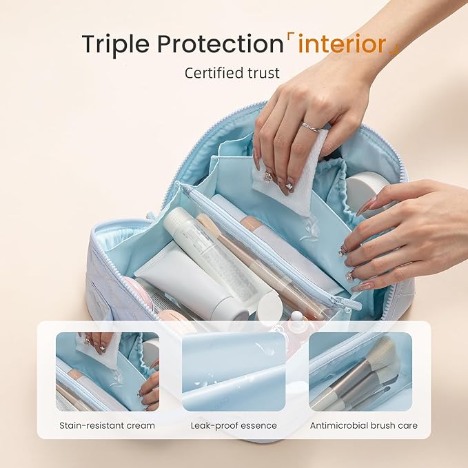 LOVEVOOK Travel Makeup Bag for Women, 2Pcs Puffer Waterproof Cosmetic Organizer, Large Capacity Pouch Open Flat Small Toiletry Bag with Brush Compartment & Handle (Blue, Medium)