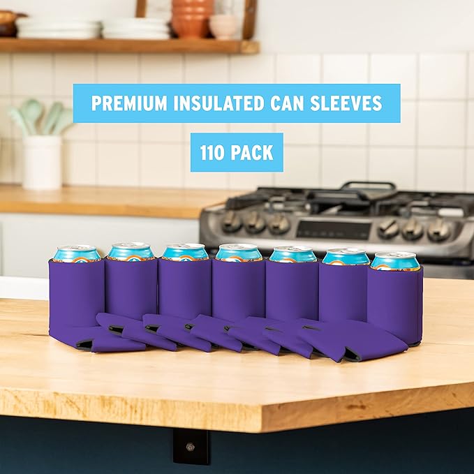 Blank Beer Can Cooler Sleeves (110-Pack) Soft Insulated Beer Can Coolies - HTV Friendly Blank Koolies in Bulk for Beer Cans & Bottles - Coolie Blanks for Vinyl Projects & Wedding Favors (Purple)