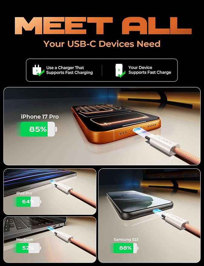 LISEN USB C Cable, 5-Pack [3.3/3.3/6.6/6.6/10FT] Orange for iPhone 17 Charger Cord, 60W C to C Cable Fast Charging for iPad, iPhone 17 Air 16 15 Pro Max, Samsung Z Flip 7/S25/S24