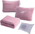 3 in 1 Travel Blanket Pillow Set - 350 GSM Thick Travel Blanket Airplane Compact with Bag, Soft Bag with a Pocket, Inflatable Travel Pillow for Camping & Car Trip (Blush Pink)