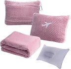 3 in 1 Travel Blanket Pillow Set - 350 GSM Thick Travel Blanket Airplane Compact with Bag, Soft Bag with a Pocket, Inflatable Travel Pillow for Camping & Car Trip (Blush Pink)