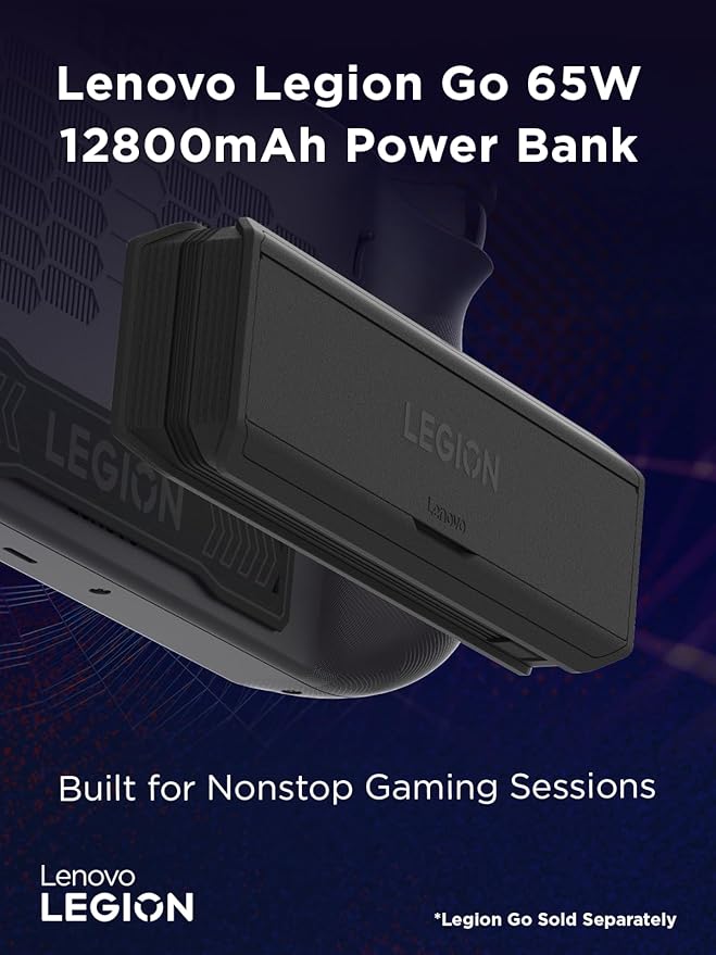 Lenovo Legion Go 65W 12800 Power Bank, Portable Power for Handheld Gaming and Other Devices, USB-C Integrated Cable, Magnetic Attach, Built-in Stand, Black