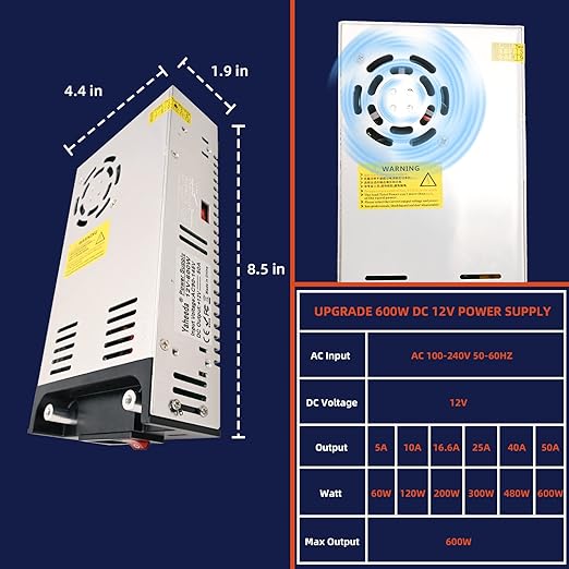 New Version Converter, 110V AC to 12V DC Converter Power Supply 12V 600W 50A DC Switch Transformer for RV,Pump,LED Strip, LCD Monitor