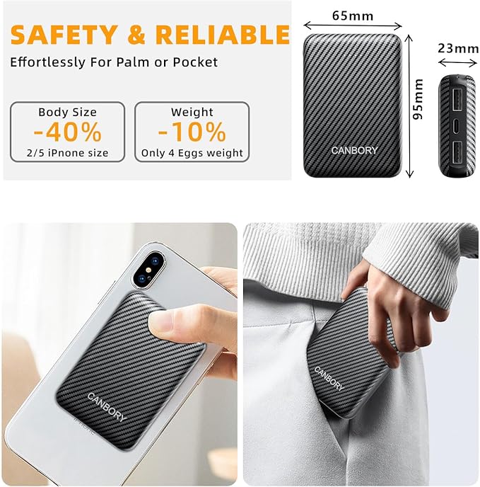 Heated Vest Battery Pack,𝟏𝟐𝟎𝟎𝟎𝐦𝐀𝐡 5V 2A/3A USB-C Out/in Power Bank for Heated Jacket Heated Pad Heated Hoodies Pocket Size Black