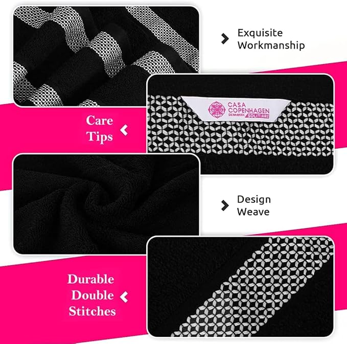 CASA COPENHAGEN Solitaire 2Pcs 100% Egyptian Cotton Large Designer Bathsheet Towels Gift Set- Black, 600GSM, 35"x70" 2Bath Sheet Towels for Bathroom Set for Women & Men