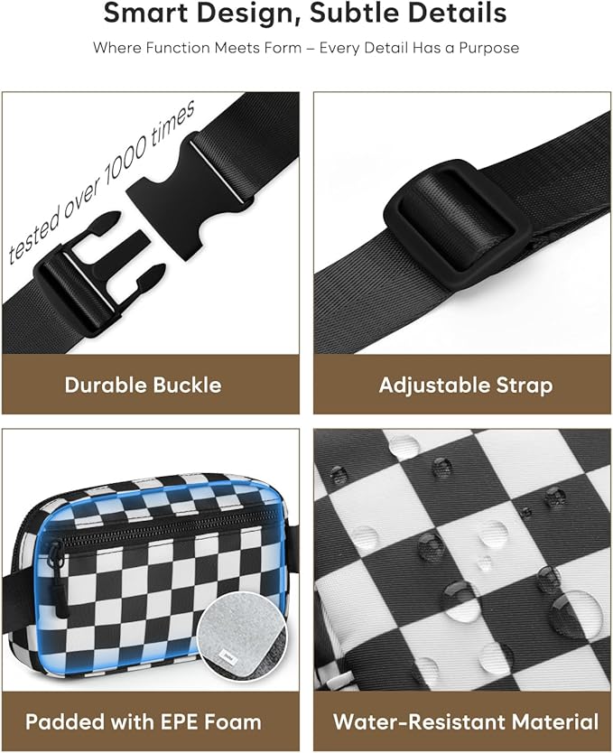 Pritent Fanny Packs for Women Cross Body Bag Waterproof Belt Bag with Adjustable Strap and Zipper Back Pocket Small Crossbody Bags Fashion Waist Packs for Workout Travelling(Checkered Black)