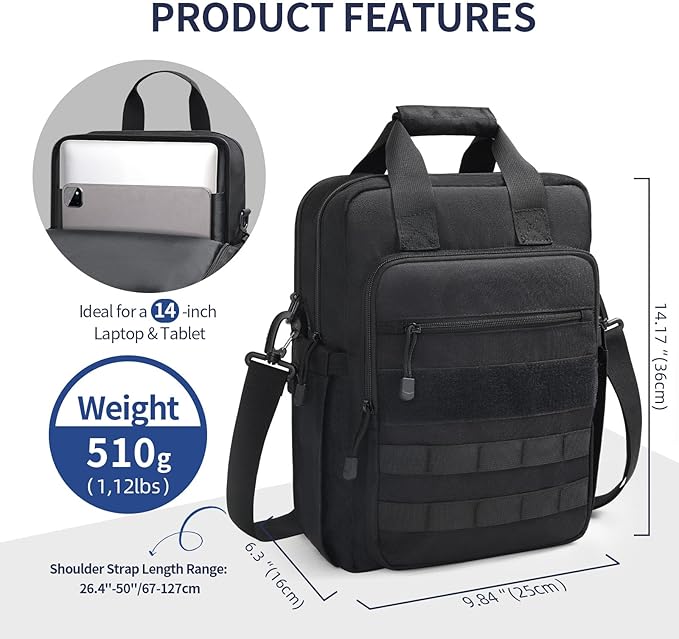 Jetviivid Tactical Messenger Bag for Men, 13''-14'' Laptop Shoulder Bag, Vertical Crossbody Bag Computer Work Sling Bag for 12.9'' Tablet Carrying Case MOLLE Briefcase