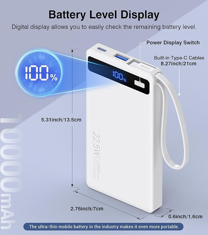 Power Bank with 2 Built-in Cables 10000mAh, 22.5W PD Slim Portable Charger USB C Battery Pack, Travel Essentials Fast Charging Powerbank Compatible with iPhone 17 16 Plus Pro Galaxy iPad White(1 Pack)