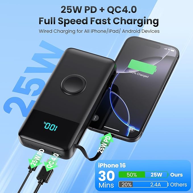 AONIMI Portable Charger 40800mAh Power Bank with 2 Built in Cables, 25W PD QC4.0 Fast Charging USB C Battery Pack, 5 Output 2 Input Phone Charger for iPhone 17/16/15,Android (Black)