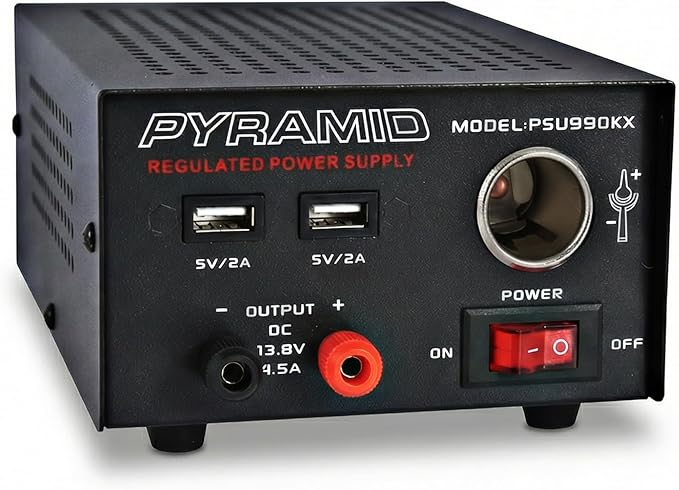 Universal Compact Bench Power Supply - 7 Amp Regulated Home Lab Benchtop AC-Dc Converter Power Supply for CB Radio, HAM W/ 13.8 Volt Dc 120V AC Supply, Dual USB, Cigarette Lighter - Pyramid PSU990KX
