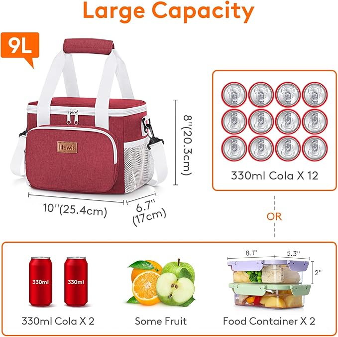 Lifewit Medium Lunch Bag, Insulated Lunch Box, Soft Cooler Cooling Tote for Adult Men Women, White and Red12-Can (9L)