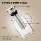 Bincoo Cold Brew Coffee Maker 40oz, Iced Coffee & Tea Brewer with 600-Mesh Fine Filter for Low Acid Smooth Taste, Square Glass Pitcher Fits Fridge Door, Dishwasher Safe Carafe