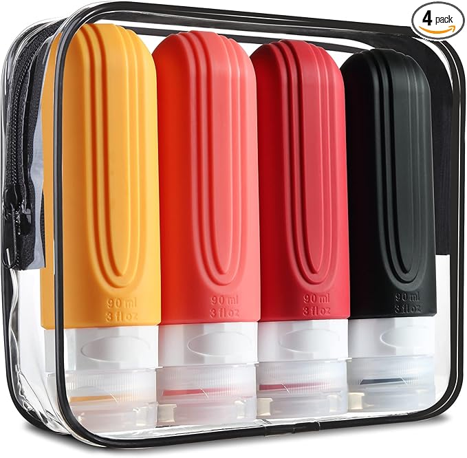 Mrsdry Travel Bottles for Toiletries, Tsa Approved 3oz Travel Size Containers BPA Free Leak Proof Refillable Liquid Silicone Squeezable Travel Accessories for Shampoo Conditioner Lotion (4 Pack)