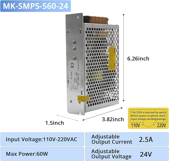 MK-SMPS-S60-24 DC 60W Switched-Mode Power Supply SMPS, Universal Regulated Switching Power Supply Transformer AC 110V-220V to DC 24 Volt 2.5amp Converter Adapter Strip 3D Printer CCTV Camera Speaker