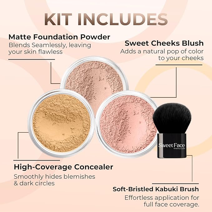 4pc KIT w/KABUKI BRUSH Mineral Makeup Bare Set Full Coverage Concealer Blush Foundation Powder (Light Tan)